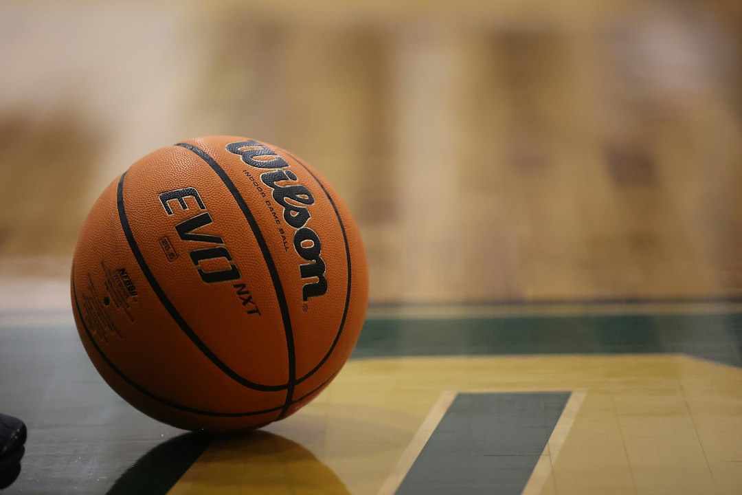 Basketball sits on a high school basketball court in Pittsboro, North Carolina.